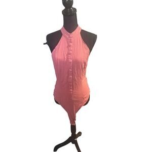 Free People Halter Neck Bodysuit Button Front Boho Chic Stretch Top Size L
